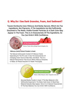 Explanation of dark granules, foam, and sediment in Teazen Kombucha with text and graphics.