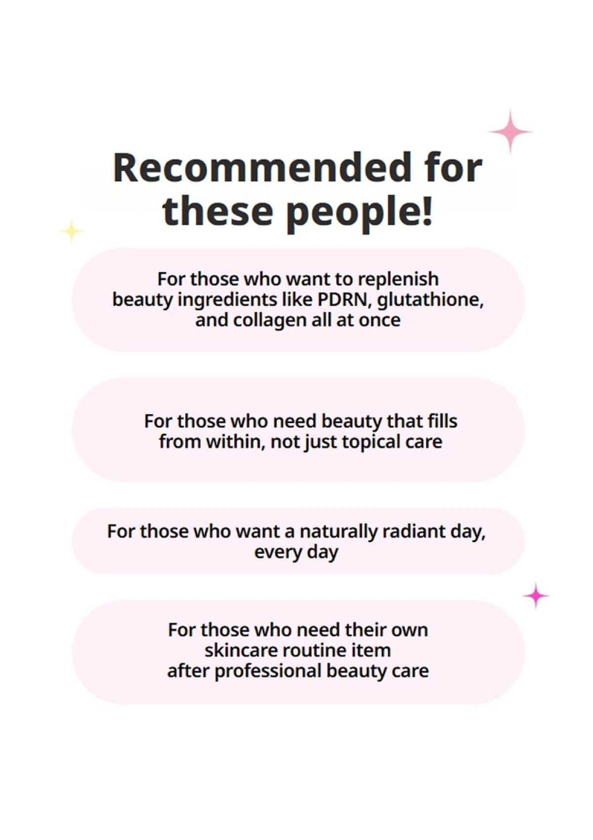 A digital informational graphic with the headline 'Recommended for these people!' on a white background, followed by four pale pink rounded text boxes describing target audiences for beauty ingredients and skincare routines.