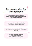 A digital informational graphic with the headline 'Recommended for these people!' on a white background, followed by four pale pink rounded text boxes describing target audiences for beauty ingredients and skincare routines.