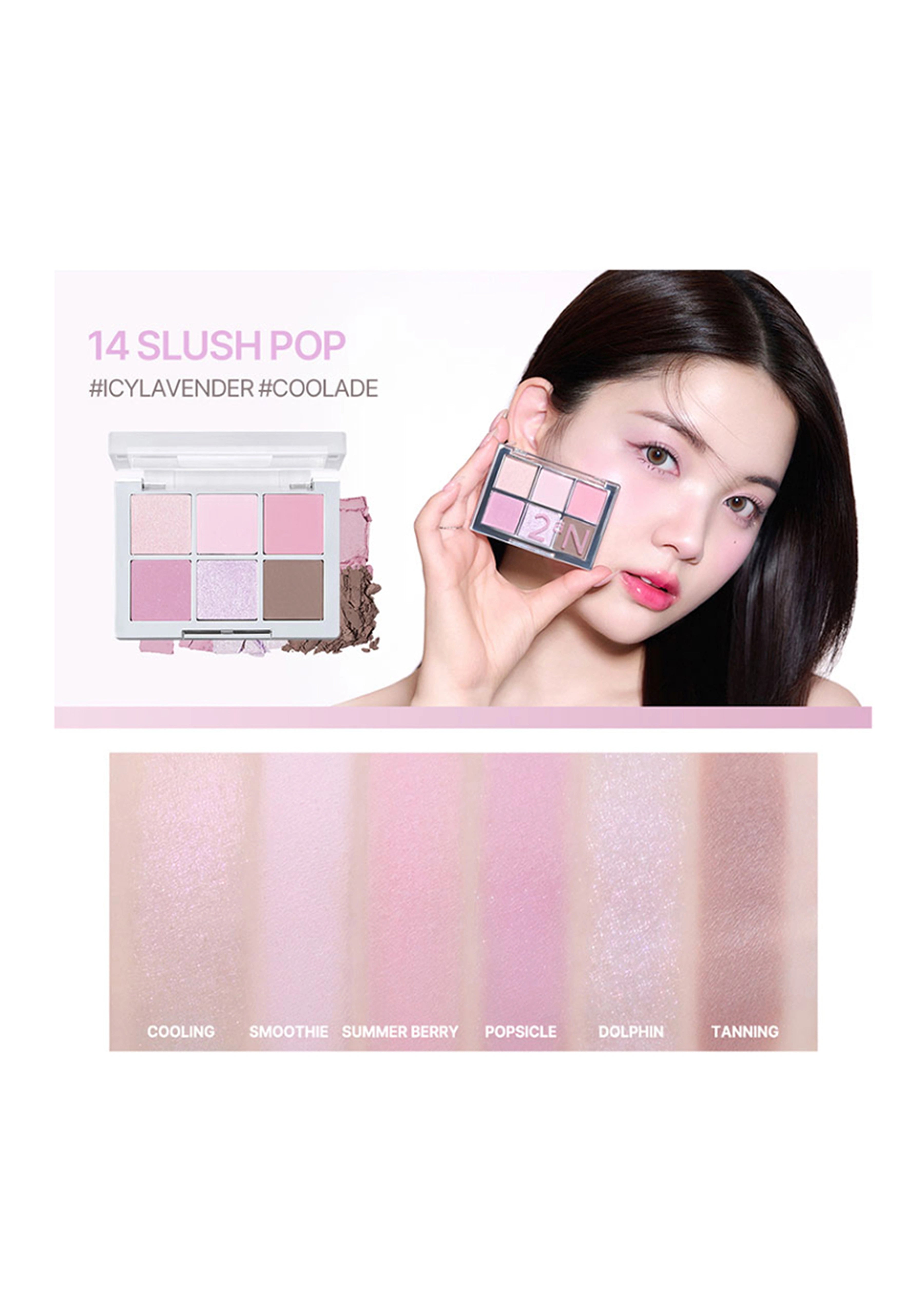 Makeup product with a model holding it, set against a white background