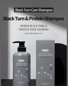 MBA Derma Black Turn & Protein Hair Shampoo bottle and packaging box shown against a dark gray background with promotional text reading 'Black Turn Care Shampoo' and 'Black Turn & Protein Shampoo'.