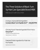 A text-based promotional graphic with a dark charcoal header and a light gray body. The header reads, 'The Three Solution of Black Turn by Hair Care Specialist Brand MBA' and 'MBA BLACK TURN-SOLUTION.