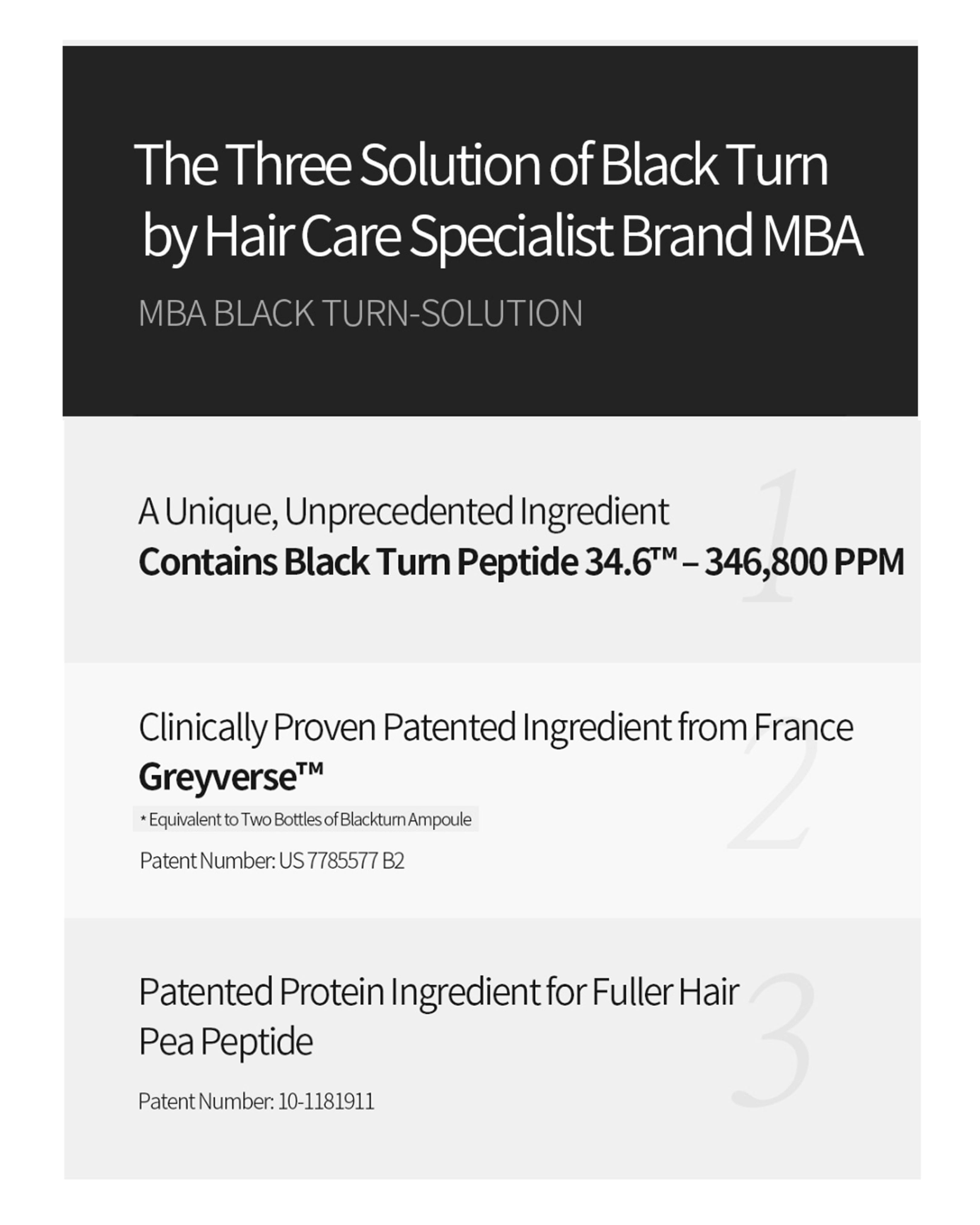 A text-based promotional graphic with a dark charcoal header and a light gray body. The header reads, 'The Three Solution of Black Turn by Hair Care Specialist Brand MBA' and 'MBA BLACK TURN-SOLUTION.