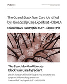 A white informational page with black text about black turn care ingredients and a central close-up photo of hair strands and white crystalline deposits on a scalp-like surface.