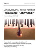 A promotional graphic for Greyverse hair growth ingredient, featuring a French flag, the text 'Clinically Proven & Patented Ingredient From France - GREYVERSE™', a microscopic illustration of hair follicles with a highlighted drop of oil, and descriptive text below.