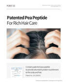 A promotional graphic for hair care featuring the text 'Patented Pea Peptide For Rich Hair Care' above a close-up photo of hands pulling hair from the scalp. Smaller text at the top right reads 'SERUM BLACK TONER & PROTEIN SEUM SHAMPOO BLACK PEPTIDE-9'.