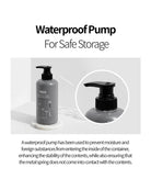 A gray pump bottle with a black pump dispenser shown on a white background, with text reading 'Waterproof Pump For Safe Storage' and an inset close-up of the pump. Smaller explanatory text appears below.