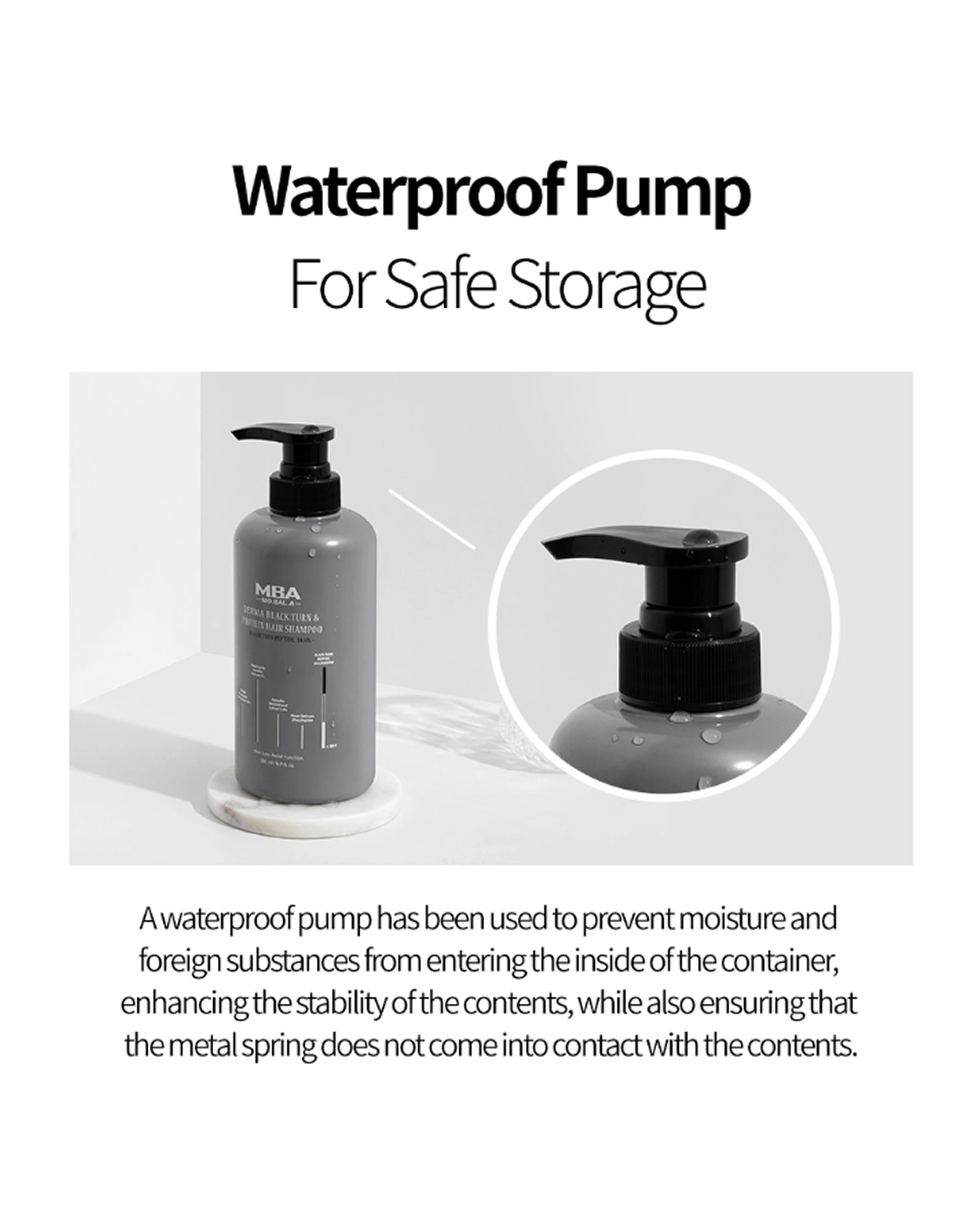 A gray pump bottle with a black pump dispenser shown on a white background, with text reading 'Waterproof Pump For Safe Storage' and an inset close-up of the pump. Smaller explanatory text appears below.