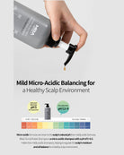 A hand holds a gray bottle of MBA Black Turner & Protein Shampoo, dispensing a small amount of liquid onto a white surface. The image includes marketing text about mild micro-acidic balancing for a healthy scalp environment and a small pH scale graphic.
