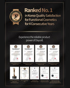 A promotional graphic on a black background with gold border and text reading 'Ranked No. 1 in Korea Quality Satisfaction for Functional Cosmetics for 4 Consecutive Years.