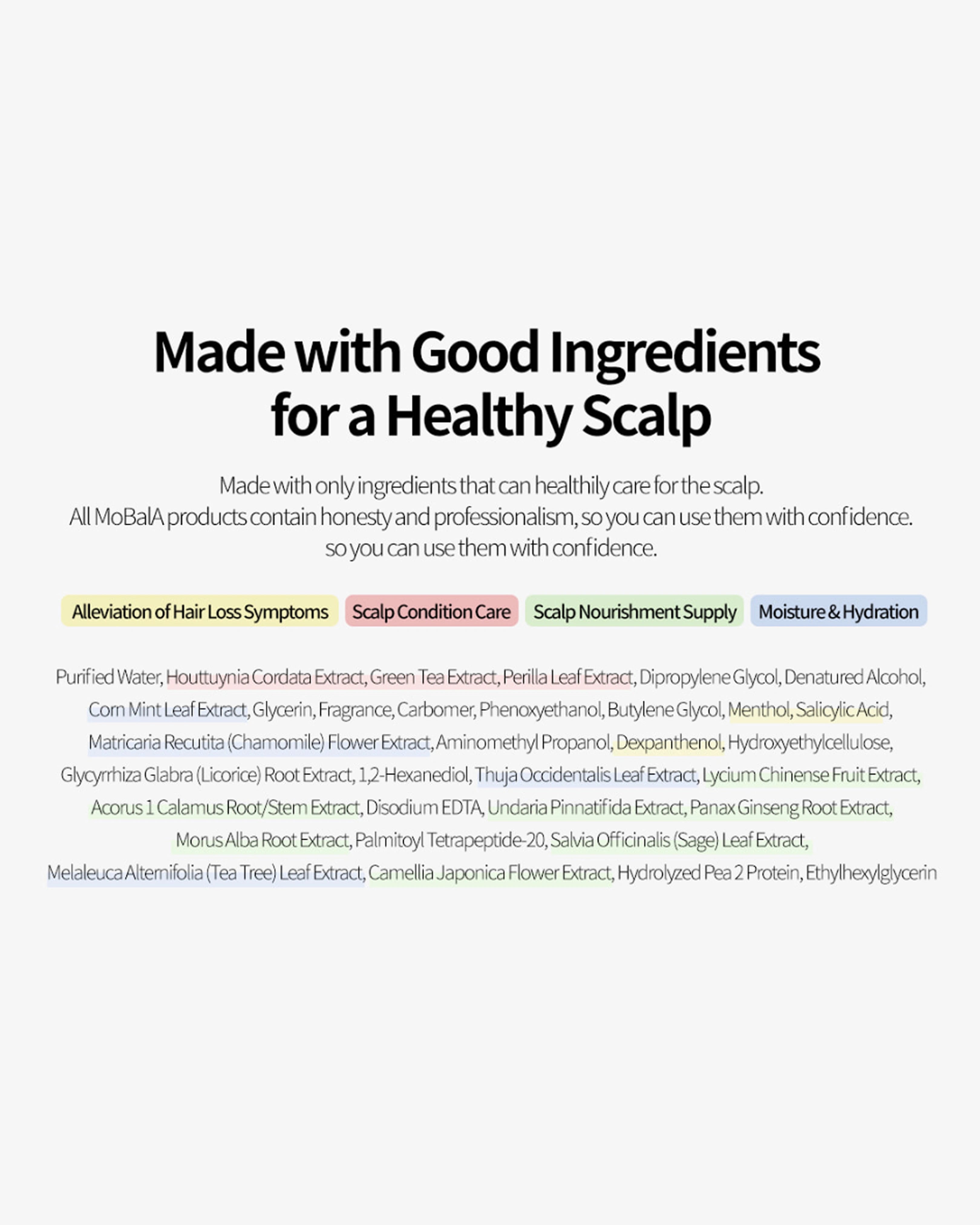 A text-based informational graphic on a white background with the headline 'Made with Good Ingredients for a Healthy Scalp' and several ingredient bullet points below in small black text.