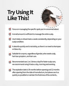 An informational graphic with the headline 'Try Using It Like This!' and a circular inset showing a hand using a small handheld device on a person's scalp. Below, a list of usage instructions appears on a white background with black text.