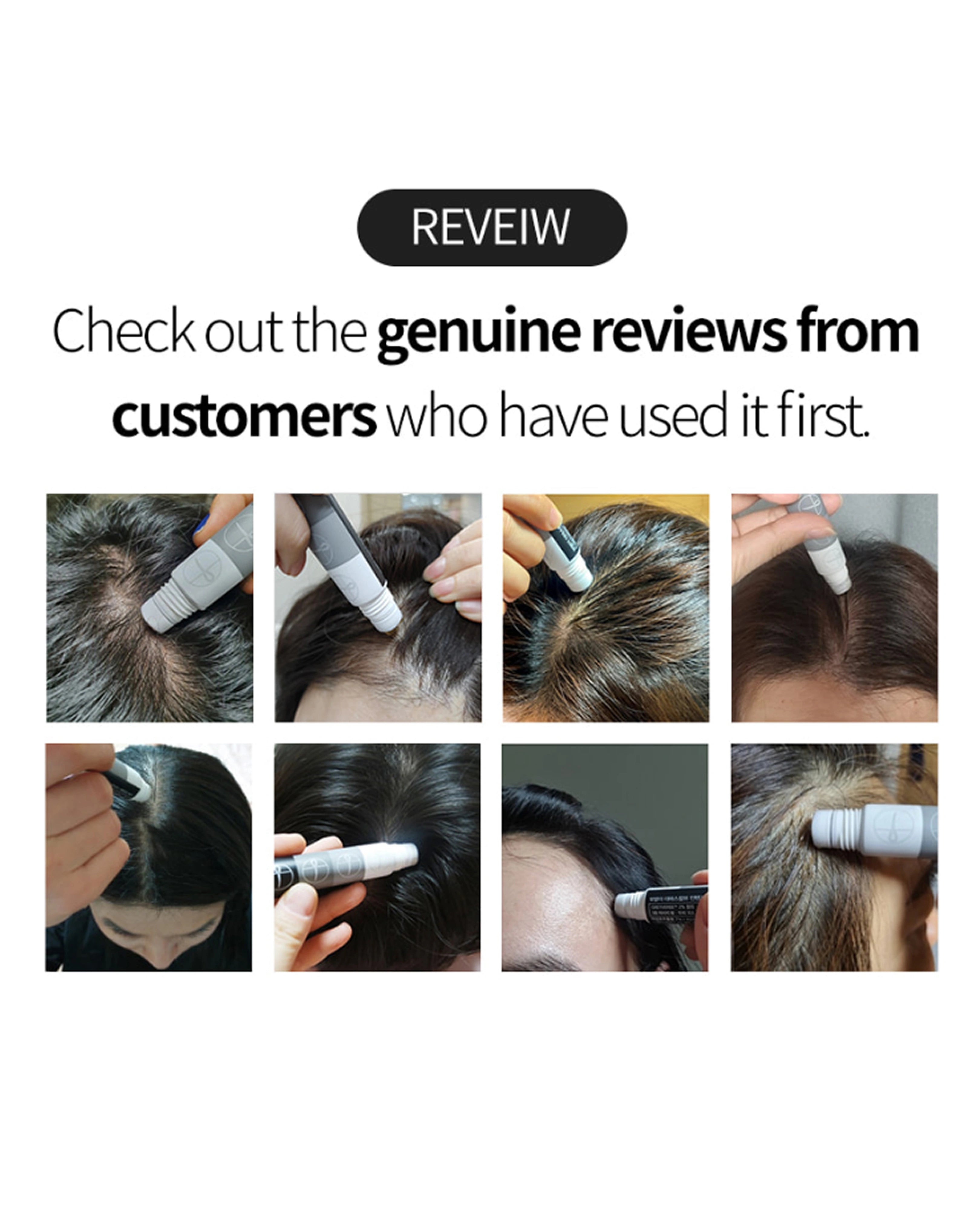 Promotional graphic with the word 'REVIEW' above a collage of close-up photos showing a handheld scalp device being used on hair follicles by multiple people.