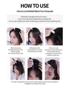 An instructional graphic titled 'HOW TO USE' showing six photos of a woman applying and massaging a black turn ampoule into her scalp, with explanatory text in English.