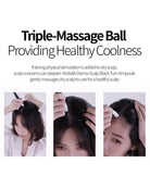 Promotional graphic for a scalp massage ball, featuring three panels of a woman demonstrating the product on her scalp, with text reading 'Triple-Massage Ball Providing Healthy Coolness' and additional descriptive copy.