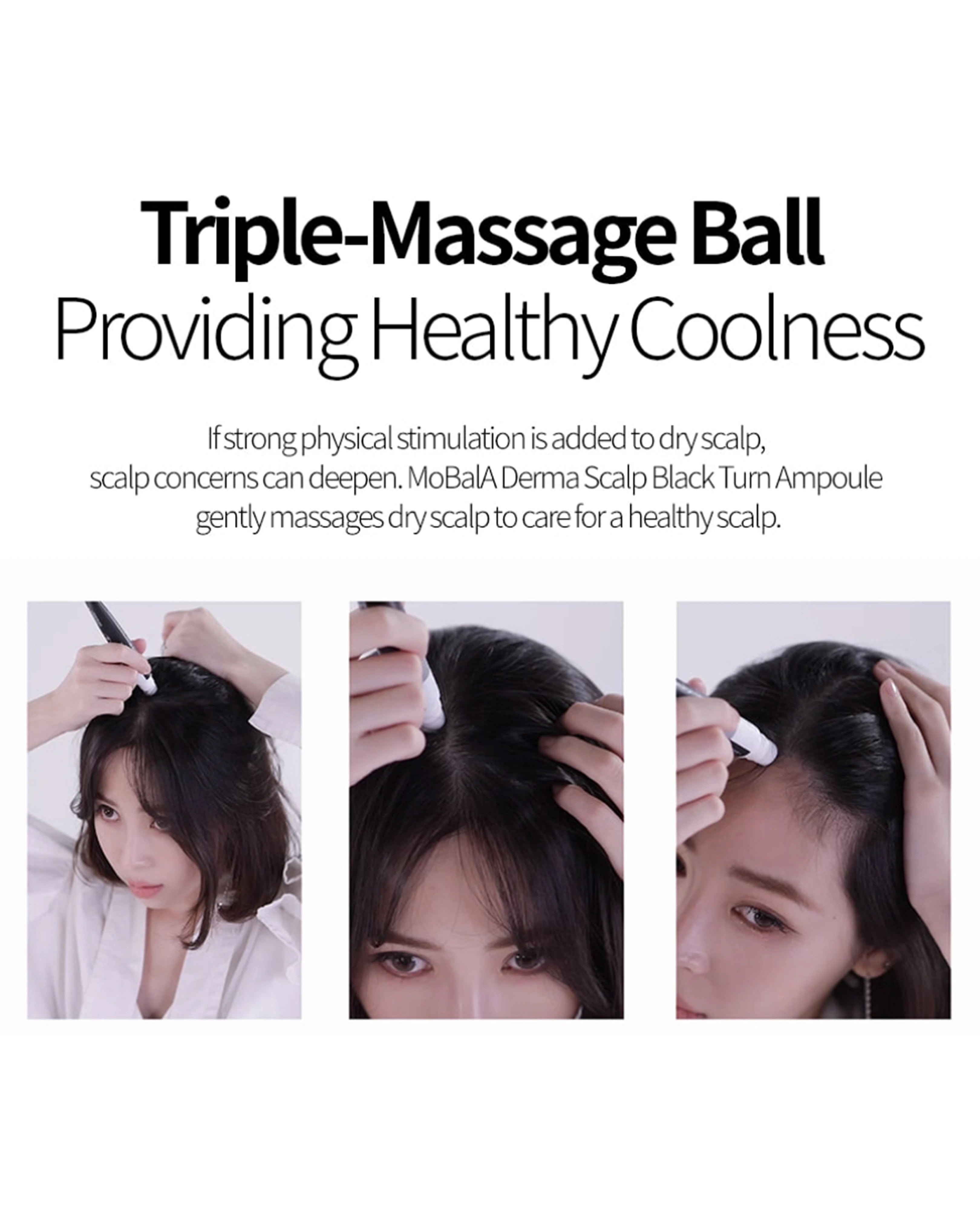 Promotional graphic for a scalp massage ball, featuring three panels of a woman demonstrating the product on her scalp, with text reading 'Triple-Massage Ball Providing Healthy Coolness' and additional descriptive copy.