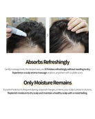A promotional text panel with two inset photos showing a person's scalp and hair part, demonstrating the application and feeling of a scalp massage product. Text reads: 'Absorbs Refreshingly' and 'Only Moisture Remains.