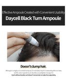 Promotional graphic for Daycell Black Turn Ampoule hair treatment, featuring a close-up of a hand applying the product to a scalp with text overlays describing its benefits.