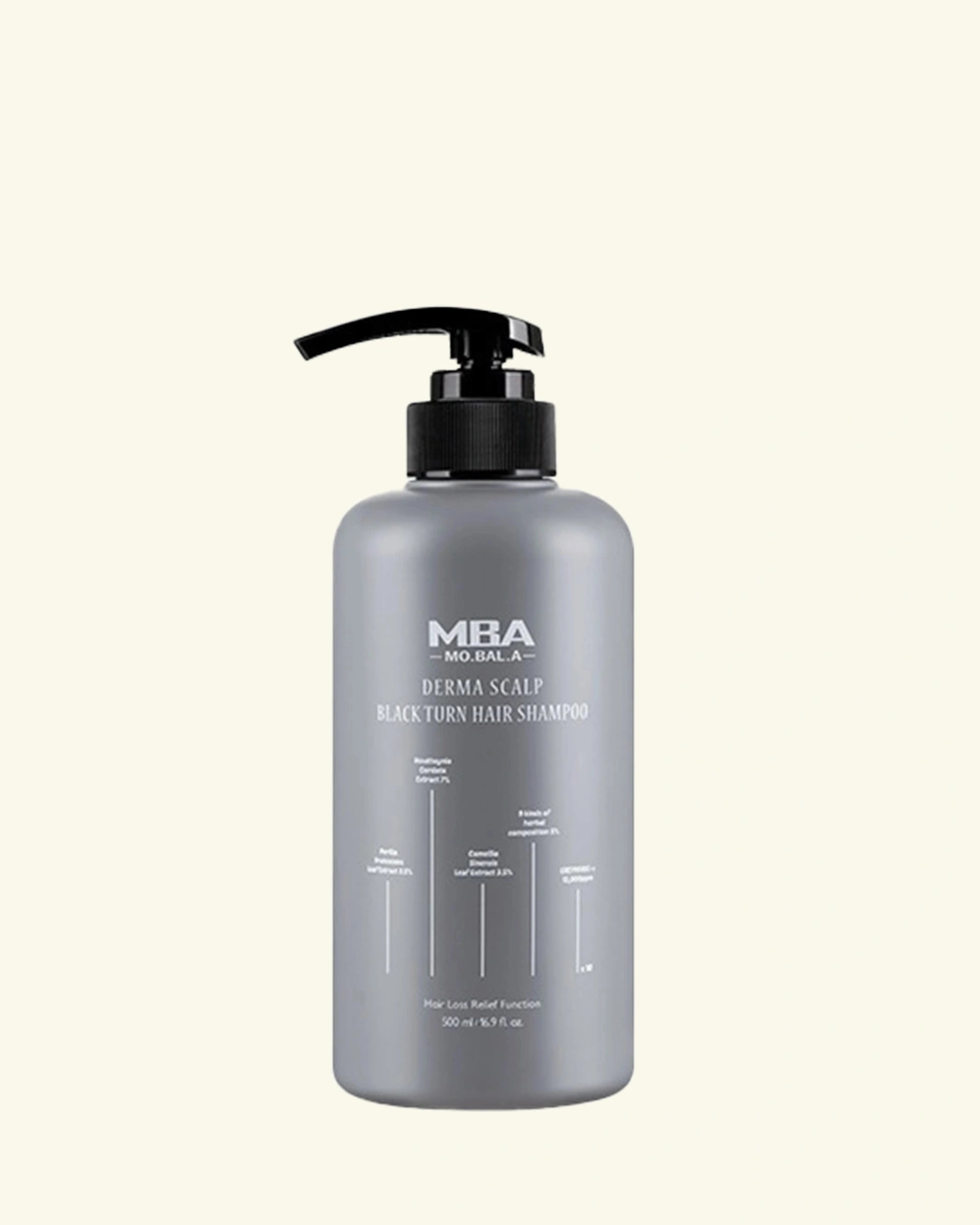 A matte gray pump bottle of MBA Model Derm Scalp Black Turn Hair Shampoo, shown against a solid cream background.