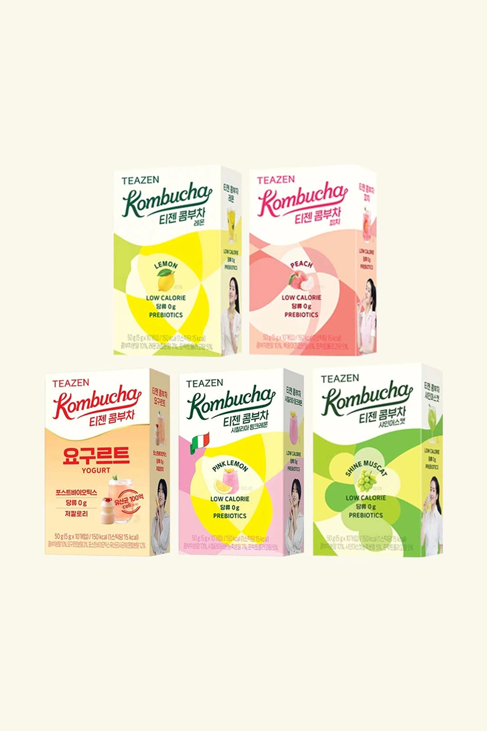 Five boxes of Teazen Kombucha on a white background