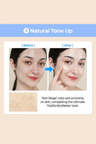 Before and after comparison of a woman's face with 'Natural Tone Up' text and 'Skin Beige' color swatch.