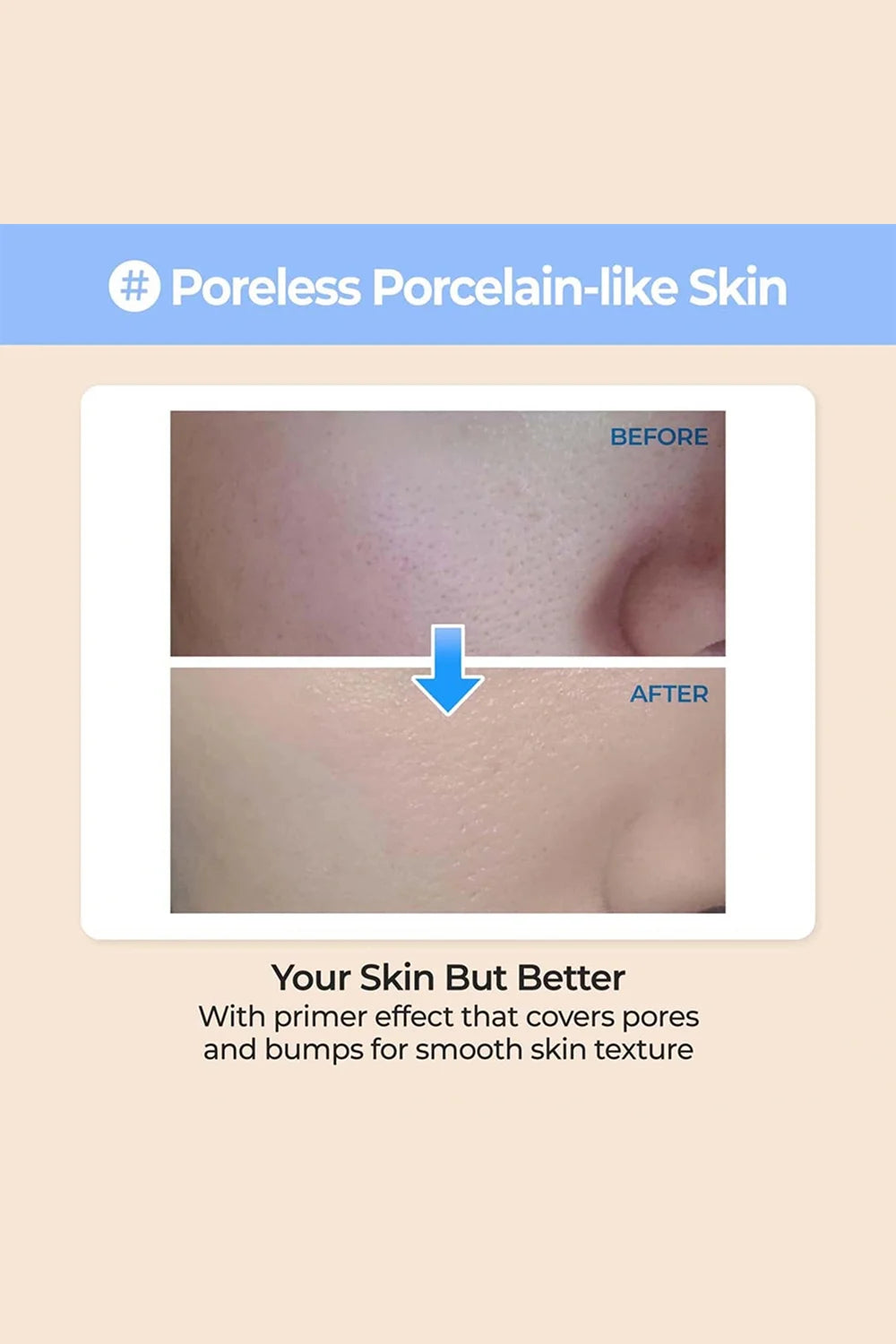 Before and after comparison of skin texture with a primer effect on a beige background.