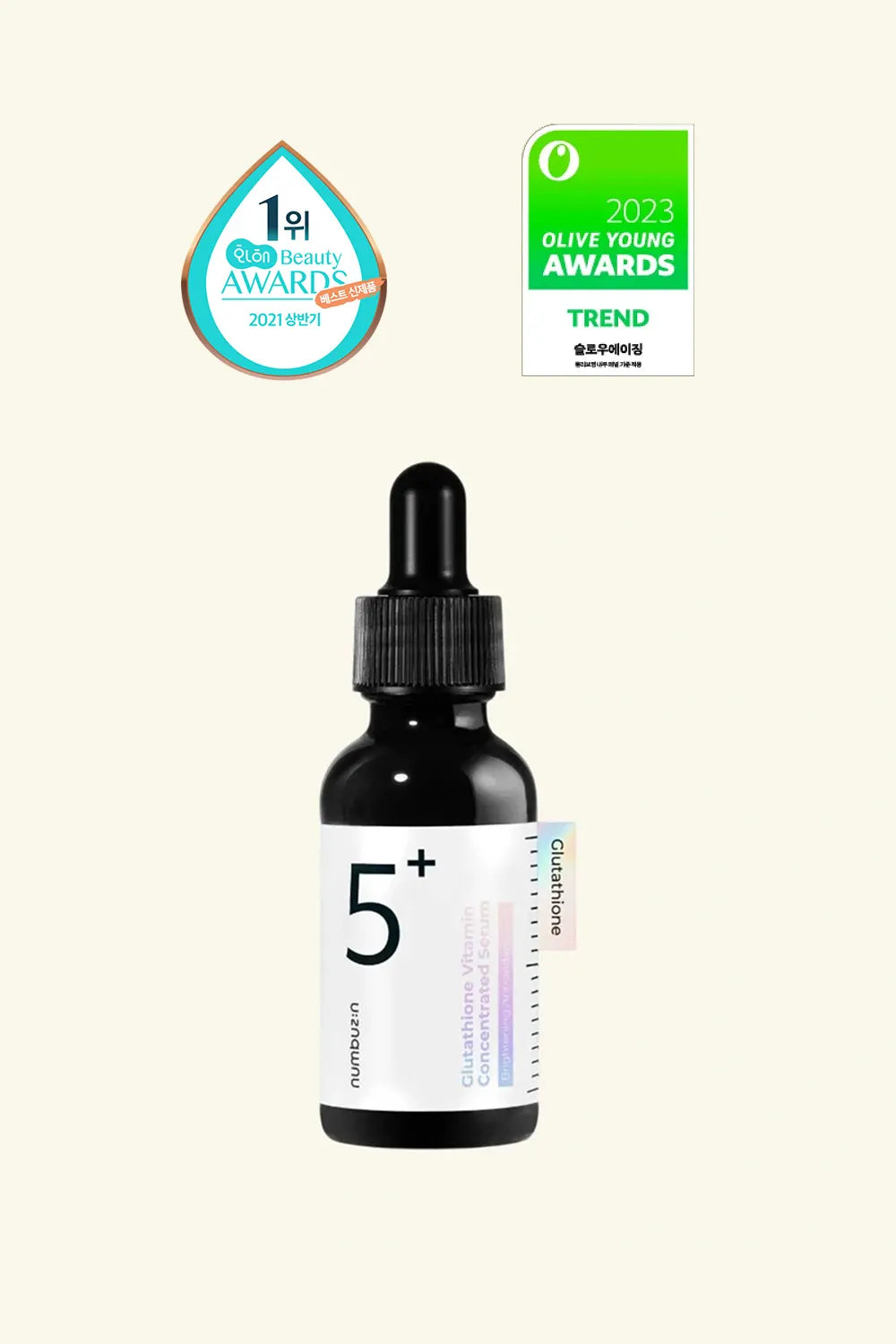 Black dropper bottle with a white label featuring the number '5+' on a white background, with two awards displayed above it.