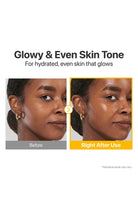 Before and after comparison of a person's skin with text indicating glowing and even skin tone.