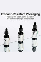 Three oxidant-resistant packaging bottles on a white background with text.