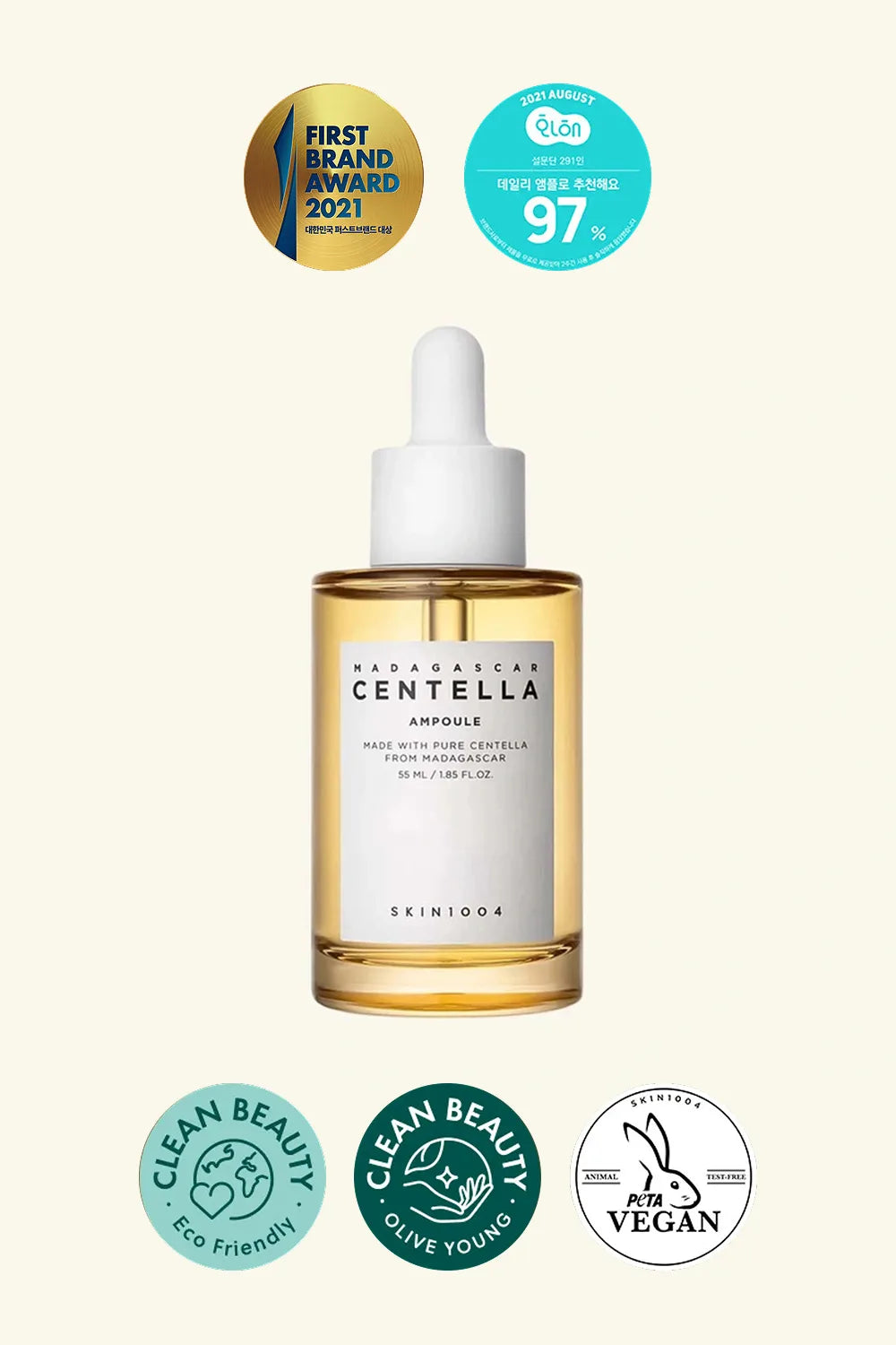 Skincare bottle with dropper labeled 'Hidratac Centella' on a white background, featuring various certification logos.