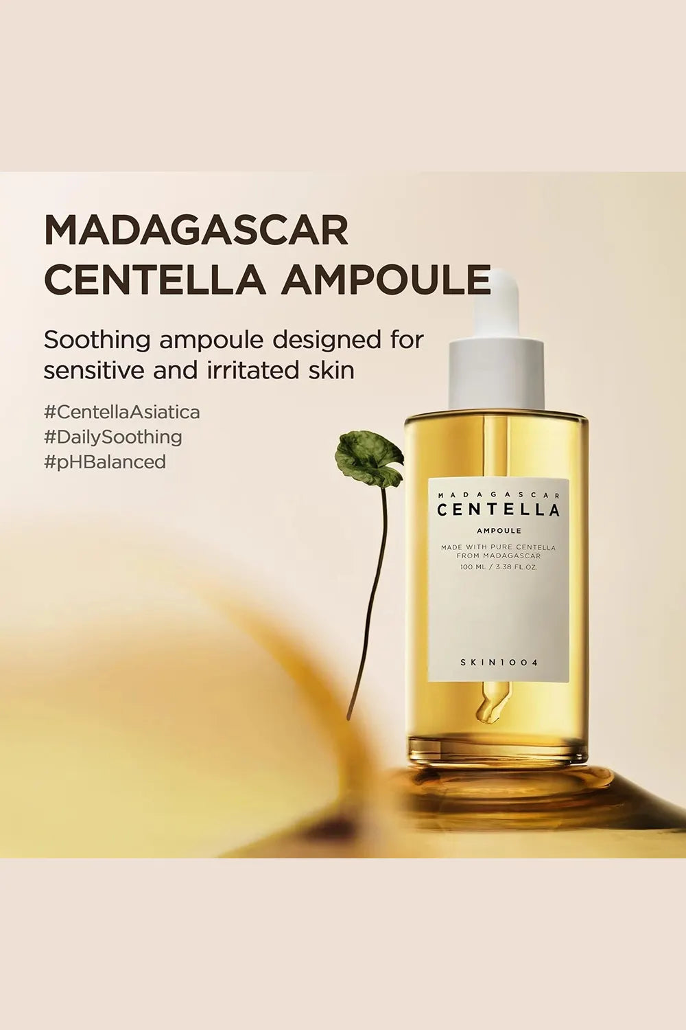 Skinceuticals Madagascar Centella Ampoule bottle with text on a beige background