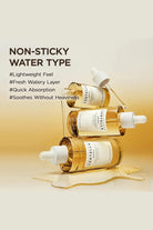 Three dropper bottles with labels on a gradient background, featuring text about product features.