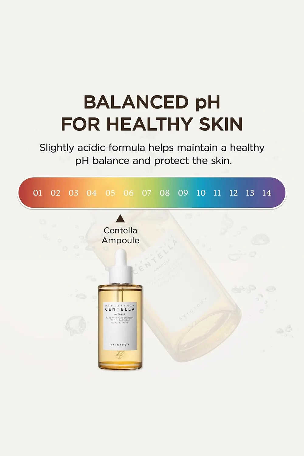 Centella Ampoule bottle with pH balance information on a white background