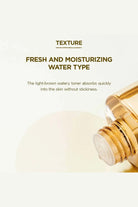 Gold-toned skincare product with text about texture and water type on a light background