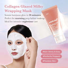 Collagen Glazed Milky Wrapping Mask with a woman wearing it andMedcube product on a light pink background