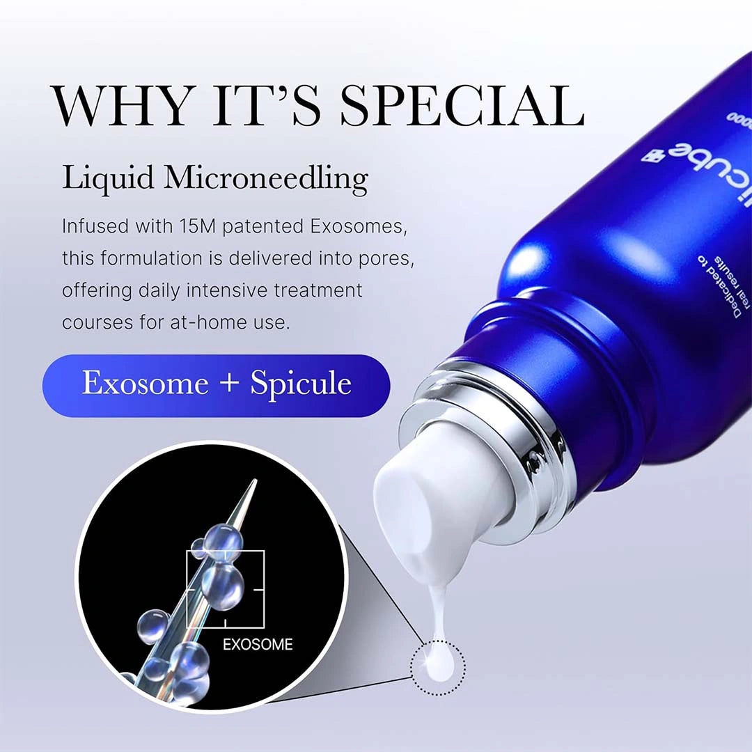 Blue microneedling device with exosome and spicule details on a gray background