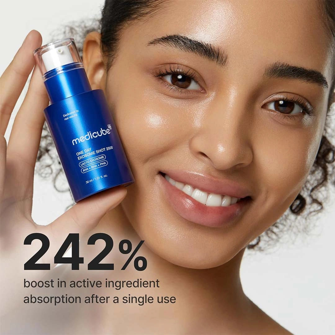 Woman holding a blue skincare product with text about active ingredient absorption