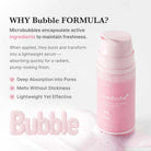 Pink skincare serum bottle with text explaining bubble formula benefits on a white background