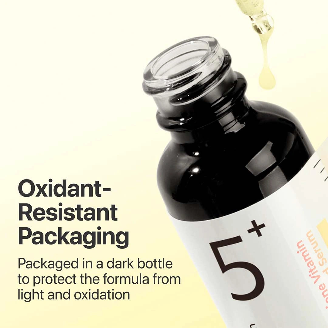 Dark bottle with a dropper labeled '5+' on a light background, featuring text about oxidant-resistant packaging.