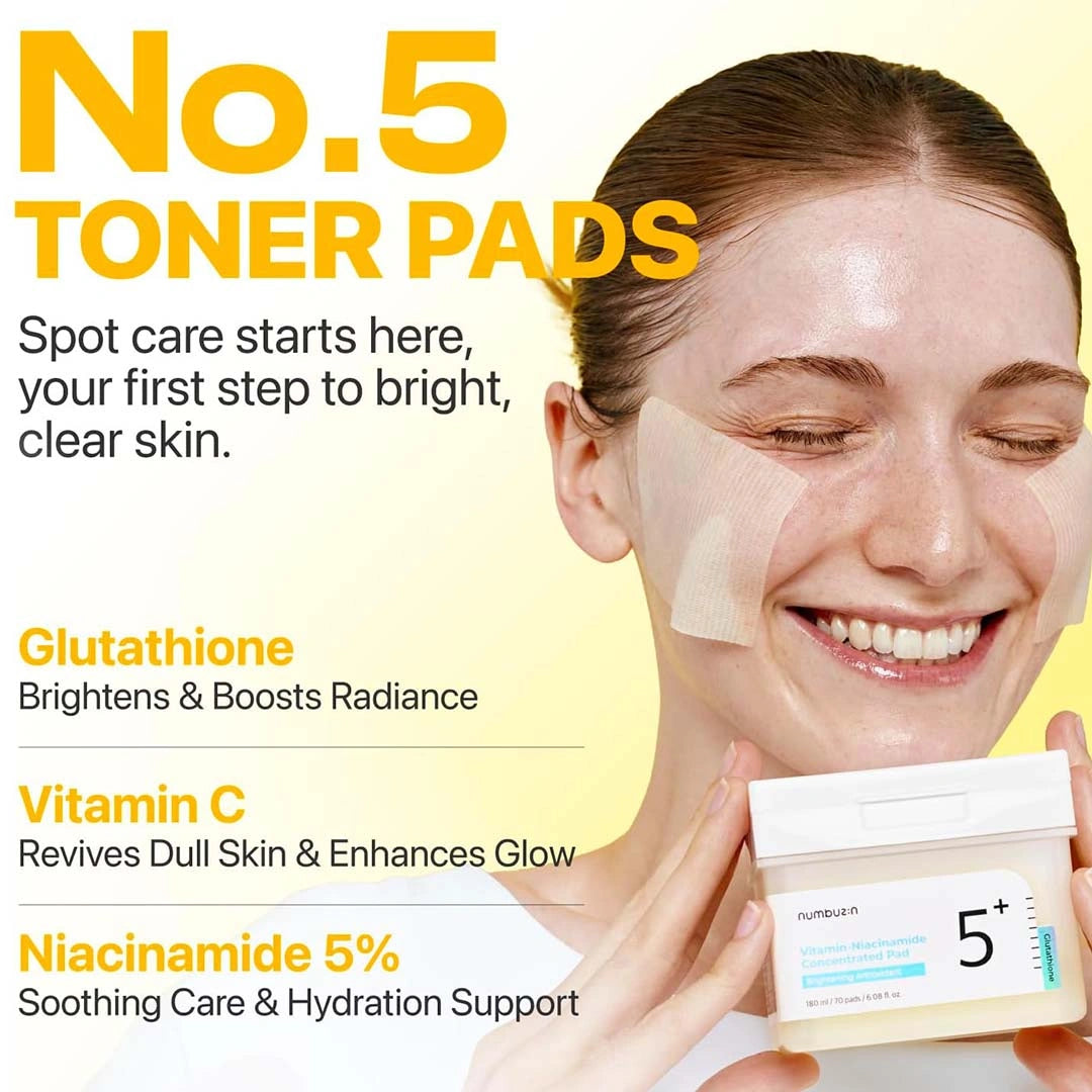 Advertisement for No.5 toner pads with a woman holding the product and text highlighting benefits.