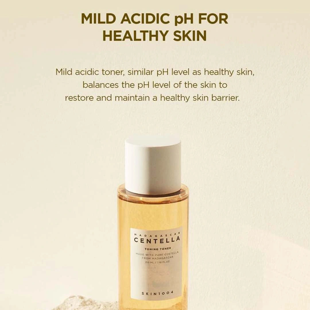 Bottle of Skinfoor Centella Toner with text about mild acidic pH for healthy skin on a beige background