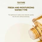 Gold-toned skincare product with text about texture and water type on a light background