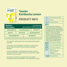 Teazen Kombucha Lemon product information sheet with nutrition facts and ingredients on a light green background.