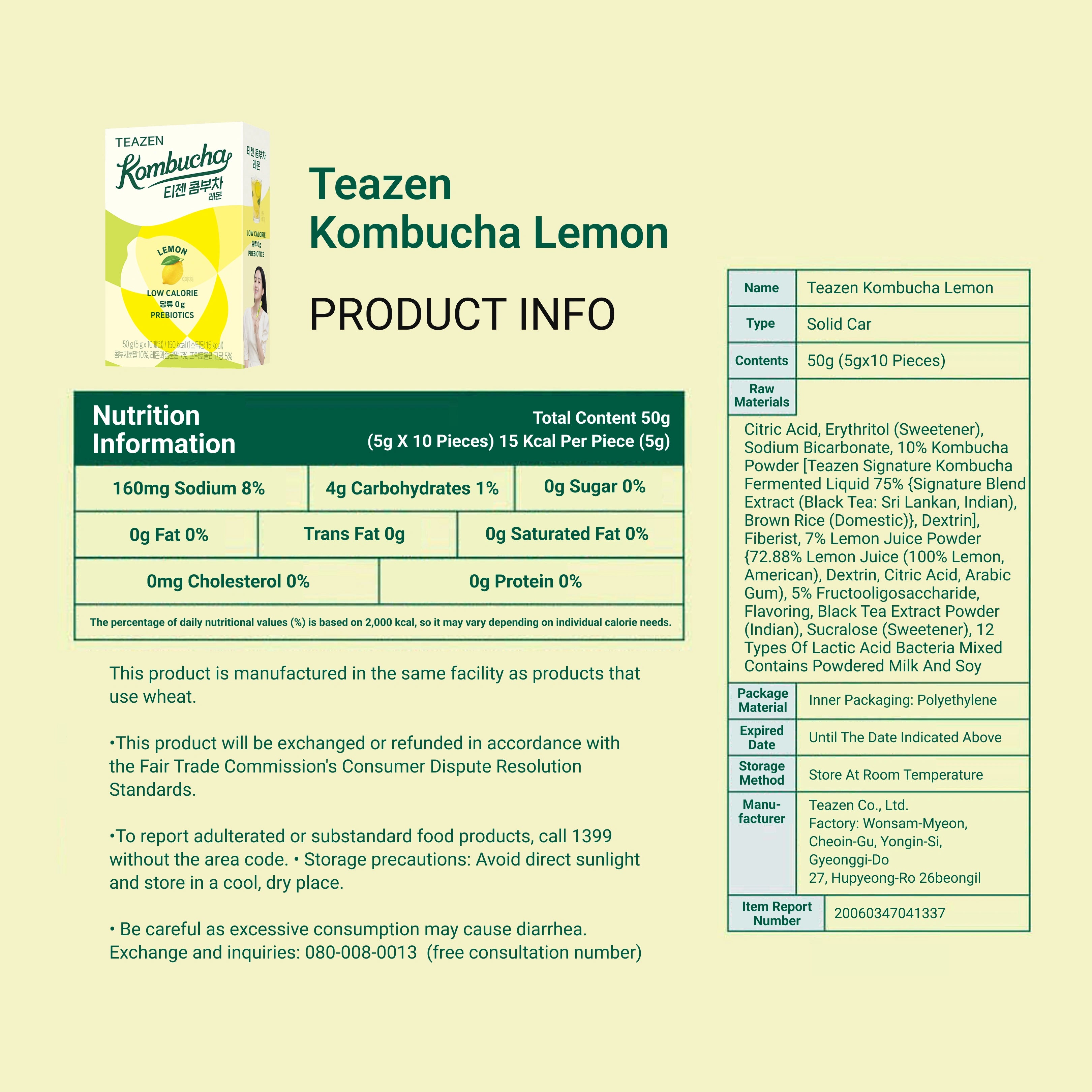 Teazen Kombucha Lemon product information sheet with nutrition facts and ingredients on a light green background.