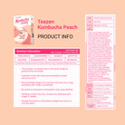 Teazen Kombucha Peach product packaging with nutrition information on a pink background