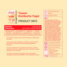 Teazen Kombucha Yogut product information sheet with nutrition details and packaging details on a yellow background.