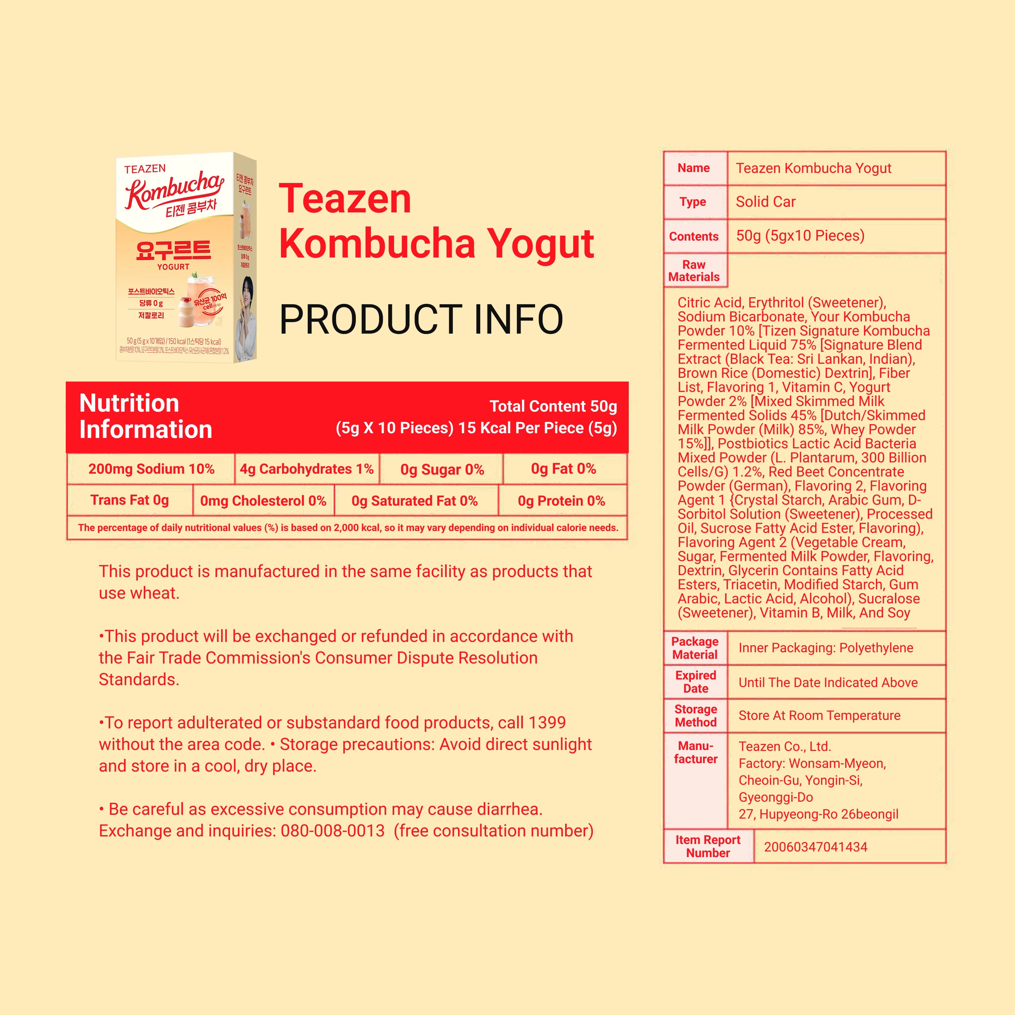 Teazen Kombucha Yogut product information sheet with nutrition details and packaging details on a yellow background.