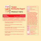 Teazen Kombucha Yogurt product information sheet with nutrition details and packaging details on a yellow background.