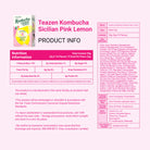 Teazen Kombucha Sicilian Pink Lemon product information sheet with nutrition facts and ingredients list on a pink background.