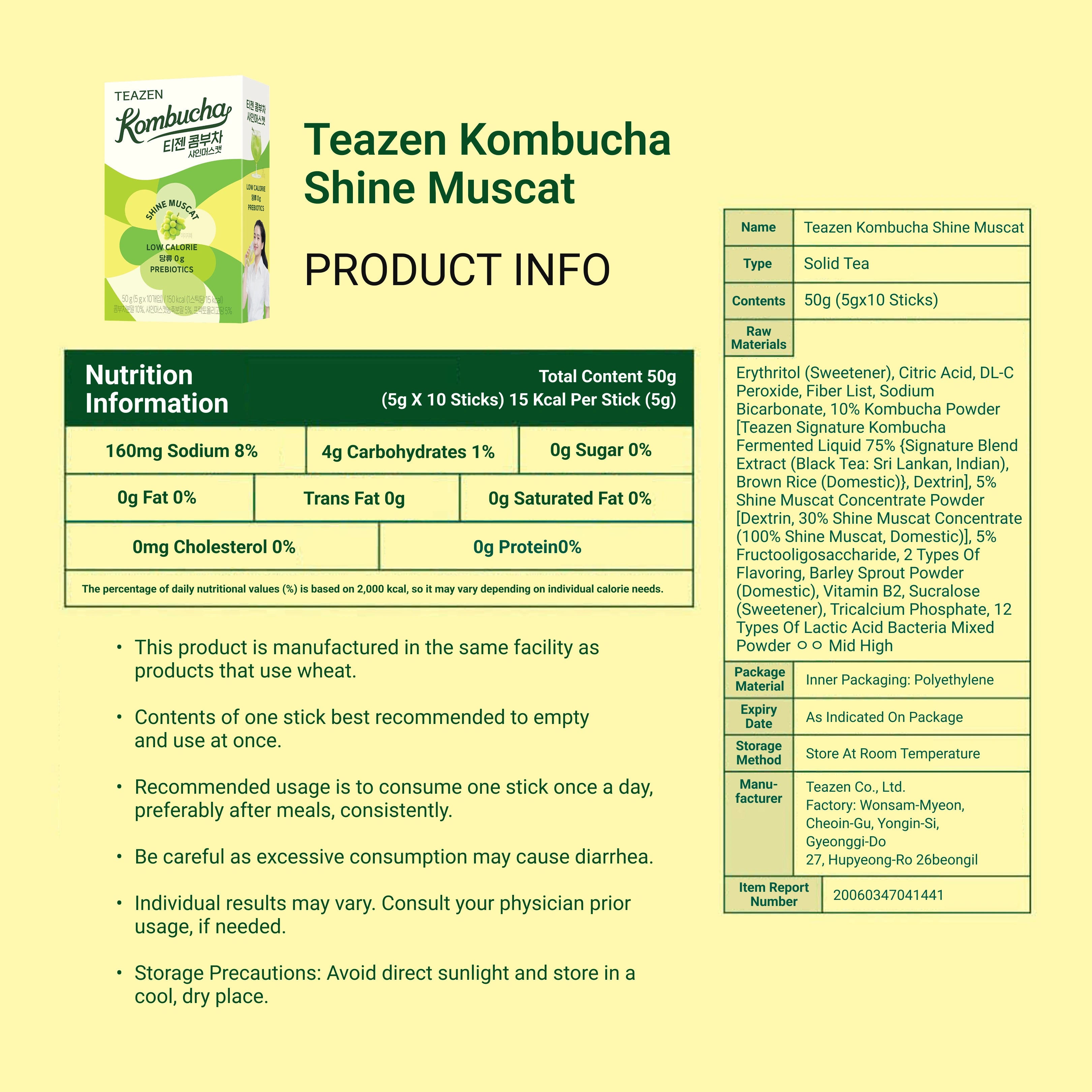 Teazen Kombucha Shine Muscat product information sheet on a yellow background